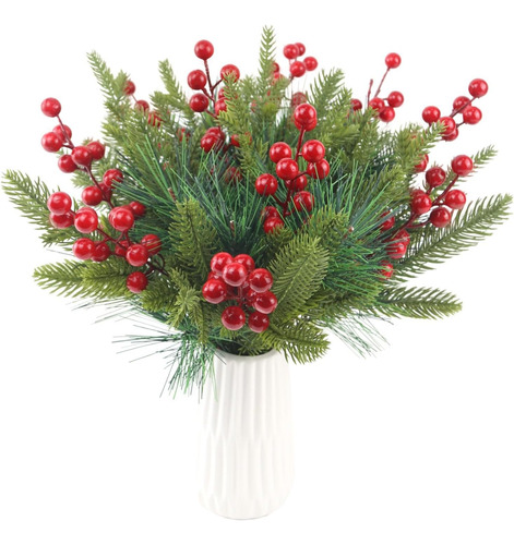 Agujas Navideñas Artificiales De Pino Rojo Con Bayas Rojas,