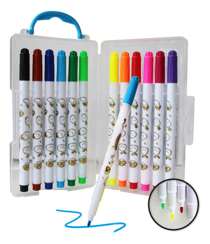 12 Marcador Mini Plumon Punta Media Escolar C/estuche Niños