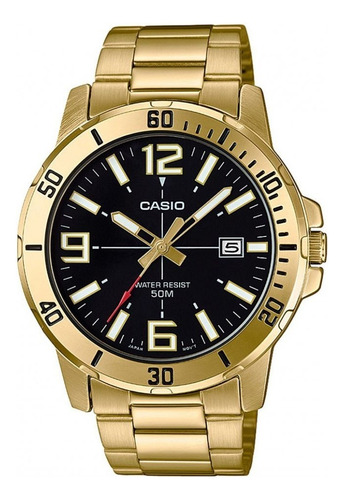 Reloj Pulsera Casio Dress Mtp-vd01g-1bvudf De Cuerpo Color Dorado, Analógico, Para Hombre, Fondo Negro, Con Correa De Acero Inoxidable Color Dorado, Agujas Color Dorado, Blanco Y Rojo, Dial Blanco Y D