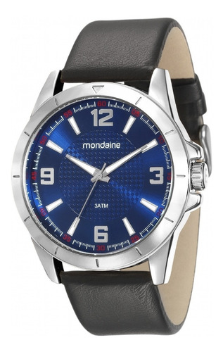 Relógio Mondaine Masculino Couro Multifunção - 99217g0mvnh1 Cor da correia Preto Cor do bisel Prata Cor do fundo Azul