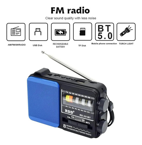 Radio Portatil 5w Recargable Usb O 2 Pilas D, Con Linterna