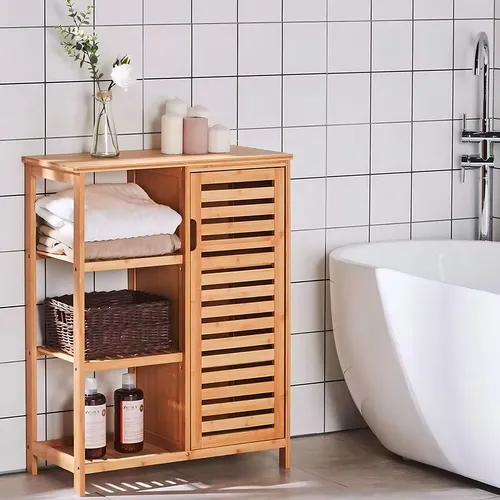 Mueble Organizador Para Baño Badecor, Madera De Bambú, Excelente Calidad, 3 Estantes Con Puerta - Alto 87cm