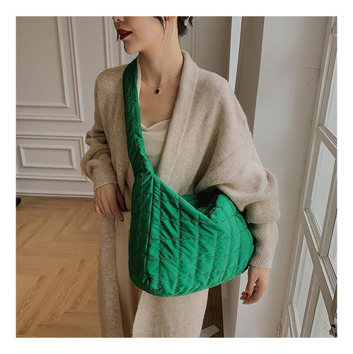 Bolso De Plumón Para Mujer De Otoño E Invierno, Bolso A Cuad Color Verde