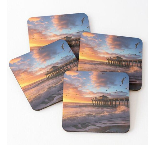 Set Posavasos Playa De Arena Con Muelle Al Atardecer En Larg