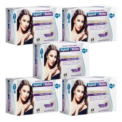 5 Cx Suplevit Mulher Cabelo, Pele E Unhas De 60 Cáps Cd