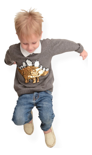 Tricô Infantil Menino Fino Dino Prata/dourado - Cinza Mescla