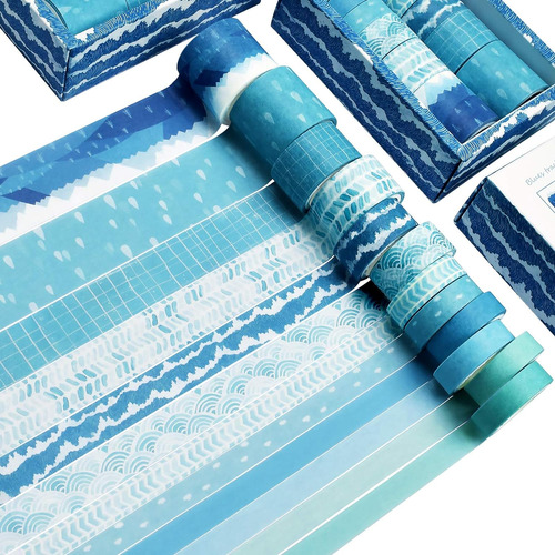 Washi Tape Set De 12 Rollos,azul Sea Wave Decorativo Wa...