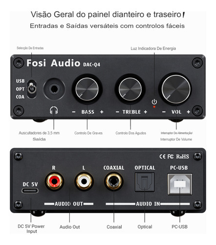 Amplificador / Dac De Fone De Ouvido Fosi Q4 Gaming Preto 160 W