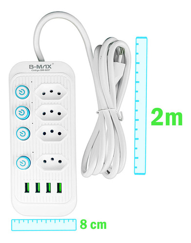 Extensão Tomada Filtro De Linha 4 Tomadas 4 Usb Bivolt 250w Branco