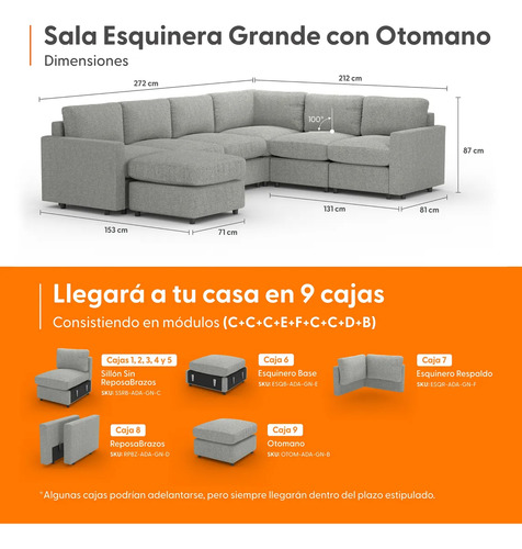 Sala Modular Esquinera Modi 6 Plazas + Otomano | Lavable | Gris Claro