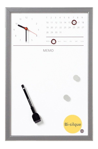 Pizarra Magnética Reloj 45x30 Marco Gris Bi-silque