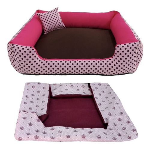 Cama Pet G Cachorro Grande Cama Com Capa Extra 70x70 Cor Cama Rosa Bolinhas + Capa Vinho