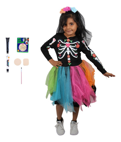 Disfraz Vestido Catrina Dia De Los Muertos Con Maquillaje Para Niña Infantil