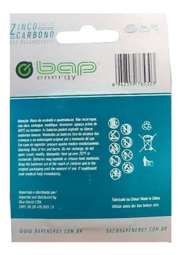 Imagem 2 de 2 de Pilha Bateria 9 Volts Bap Energy Bap-6f Não Recarregável