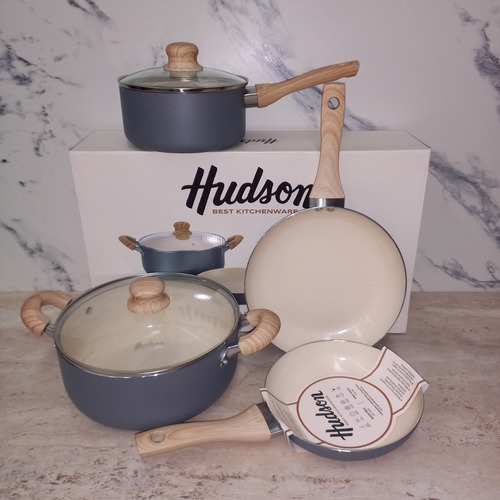 Set Ollas Sarten Antiadherente Gray Gris Crema Hudson 6pz