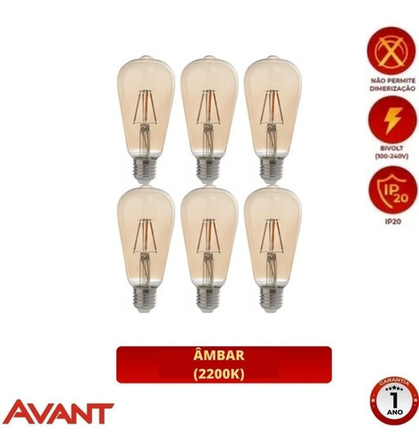 Kit 6 Lâmpada Led Filamento St64 Avant Bi 4w 2200k