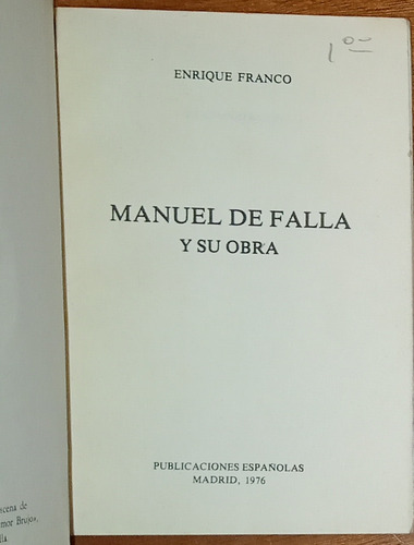 Manuel De Falla Y Su Obra - Enrique Franco (Usado)