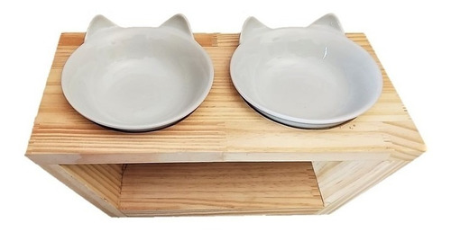 Imagem 5 de 7 de Comedouro Duplo Base Madeira Gato Tigela Porcelana 320ml