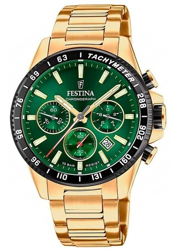 Reloj Festina F20634/4 Chrono Sport Dorado 100m Para Hombre Color del fondo Verde