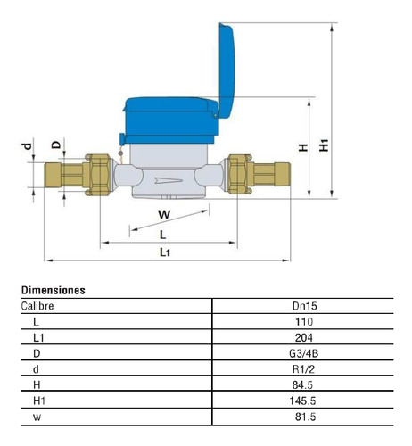 Medidor Agua Domiciliario Dn15 - Rosca 3/4 - Bronce 115mm