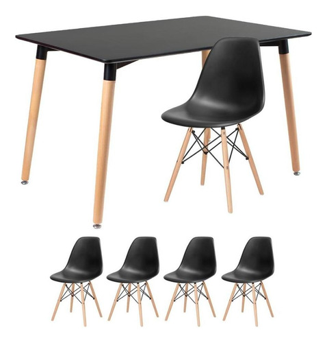 Kit Mesa Jantar Eames Retangular 120 X 80 Cm 4 Cadeiras Dsw Cor da tampa Mesa preto com cadeiras preto