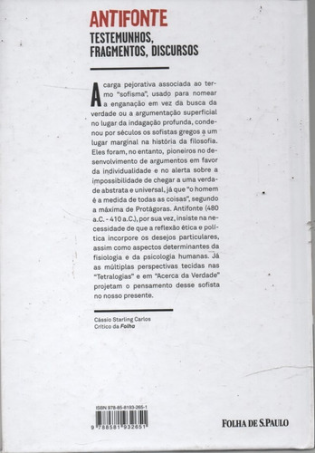 Antifonte Testemuhos, Fragmentos, Discursos, De Antifonte. Editora Folha De S.paulo Em Português