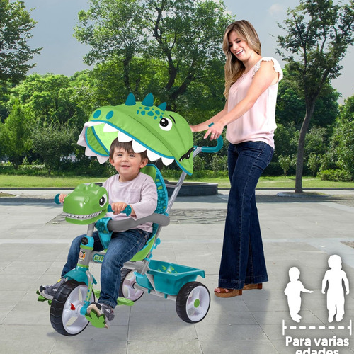 Triciclo 3 En 1 Barra Empuje Dino Verde Luz Sonido Apache