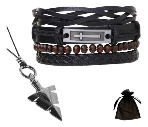 Kit Pulseiras Masculinas Preto E Marrom Couro Cruz + Colar