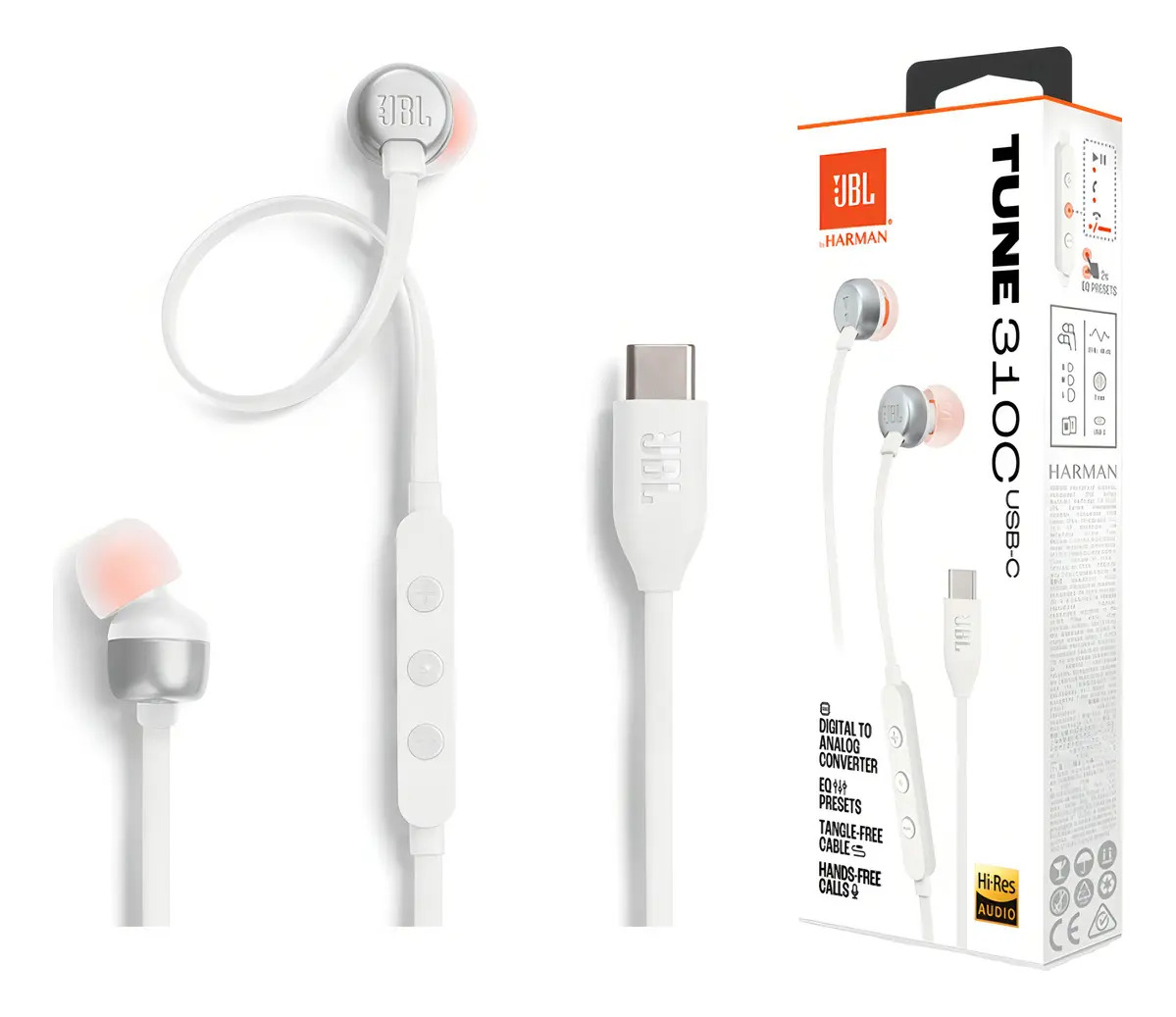 Auriculares USB C con cable Jbl Tune 310c, micrófono integrado, color blanco