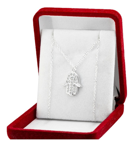 Conjunto Cadena Y Dije Mano De Fatima Plata 925 Con Piedras Color Plateado