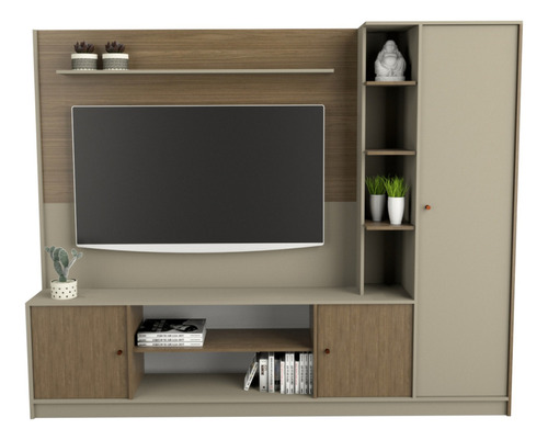 Rack Modular Centro + Panel Led Tv Con Soporte Melamina Color Nogal Gris