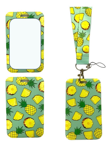 Porta Credencial Con Lanyard Verde Con Piña Kb48