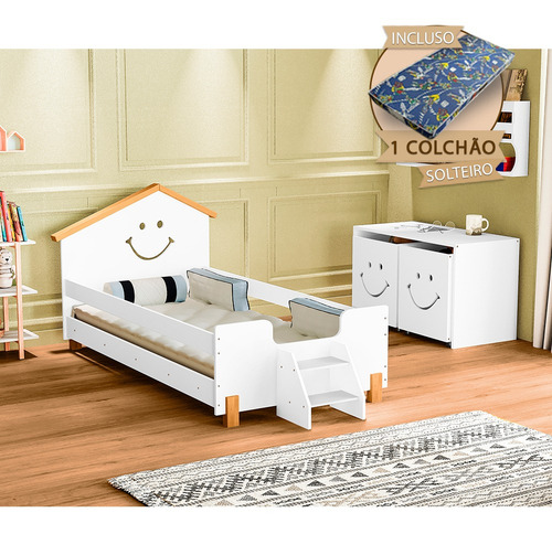 Cama Infantil Com Colchão Solteiro Alegra Cor Branco e Mel Cama Infantil Criança