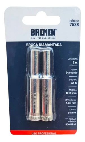 Mecha Broca Diamantada Porcelanato Bremen 10mm X 2 Uni. 7538