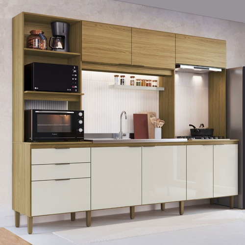 Cocina completa 8 puertas 2 cajones Co2823 iPê/Cristalo - Color Beige