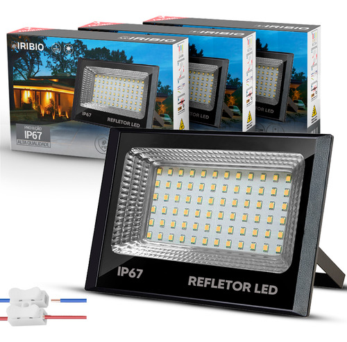 Kit 3 Refletores Led Flex 100w Branco Quente 3500k 127/220V Ip67 Carcaça Preto Econômico Biribio