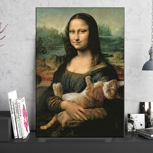 Cuadro Decorativo La Mona Lisa Con Gato Diseño Unico Canvas