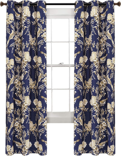 Cortinas Opacas Con Aislamiento De Pájaros Y Flores, Azul Y
