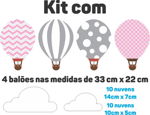 Adesivo Parede Infantil Balões Nuvens Rosa Cinza Tons Pastel