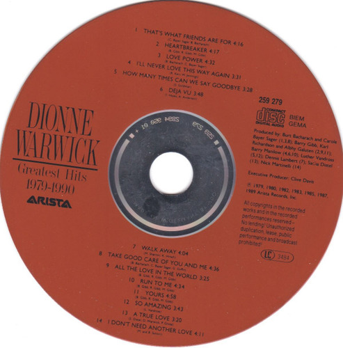 Dionne Warwick Cd: Greatest Hits 1979-1990 ( U E ) Estándar