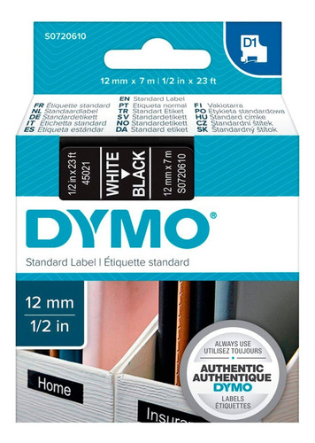Dymo® D1 Rollo De Cinta Blanco Sobre Negro. 12 Mm X 7 M
