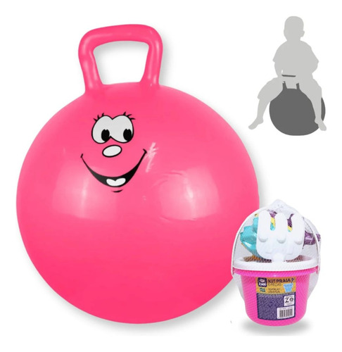 Bola Pula Pula 60 Cm Rosa Alça + Baldinho De Praia Colorido
