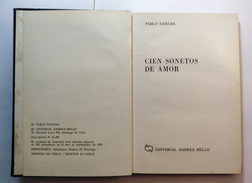 Cien Sonetos De Amor. Pablo Neruda. Edición Especial T Dura (Reacondicionado)