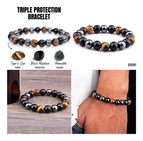 Pulsera Piedras  Protección Ojo Tigre-hematita-obsidiana