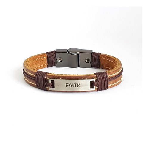 Pulseira Masculina Couro Marrom Costurado Gospel Faith