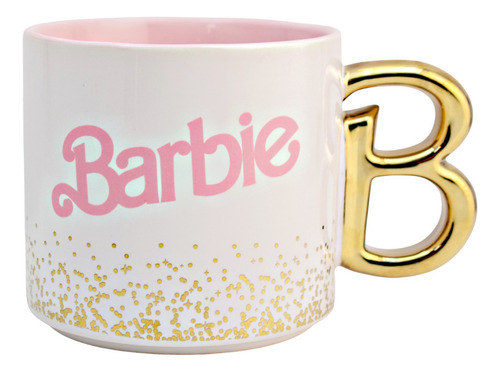 Taza Cerámica Barbie Mattel Con Asa Letra B Metalizada 502ml Color Blanco/rosa