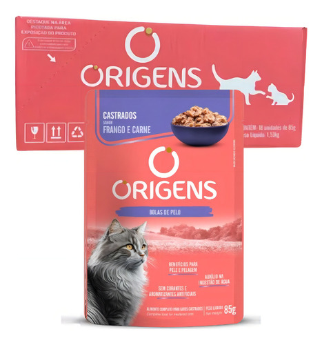 Sachê Origens Gato Adulto Castrado Frango Carne 85g Cx 18uni