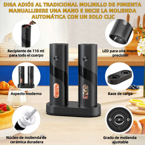 2 Multi-grinders De Sal Y Pimienta Con Base De Carga Y Leds