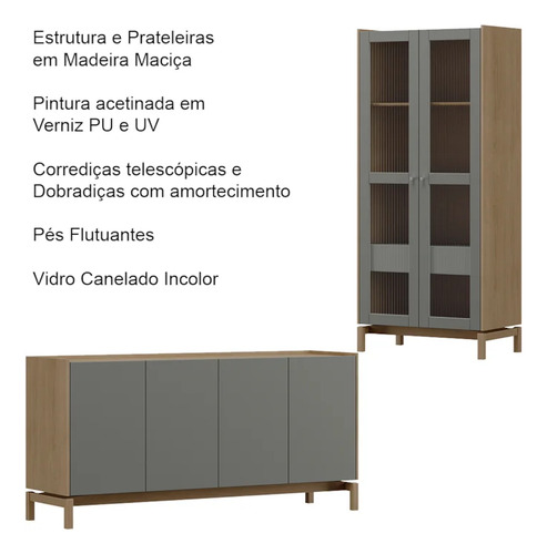 Cristaleira 2p 1g Vidro Balcao Buffet 4p Oak Ferrolack Milan