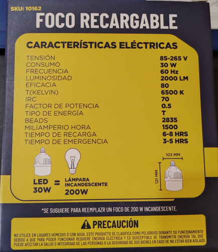 Foco Lampara Led Bombilla Recargable 30w Luz Fria (3-5 Horas De Emergencia)